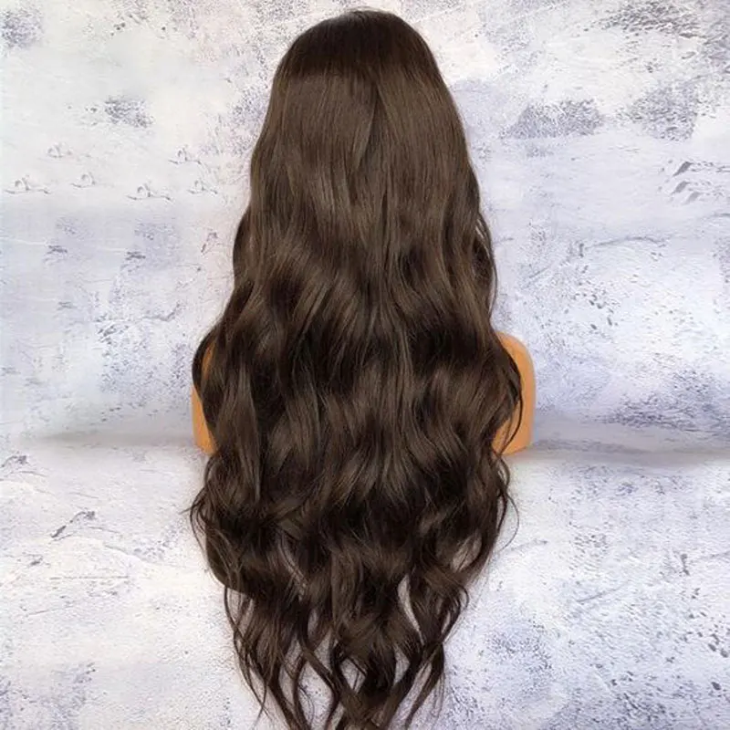 Bombshell Dark Brown Nautral Wave Hand Tied Synthetic Lace Front Wig Glueless Heat Resistant Fiber Natural Hairline For Women