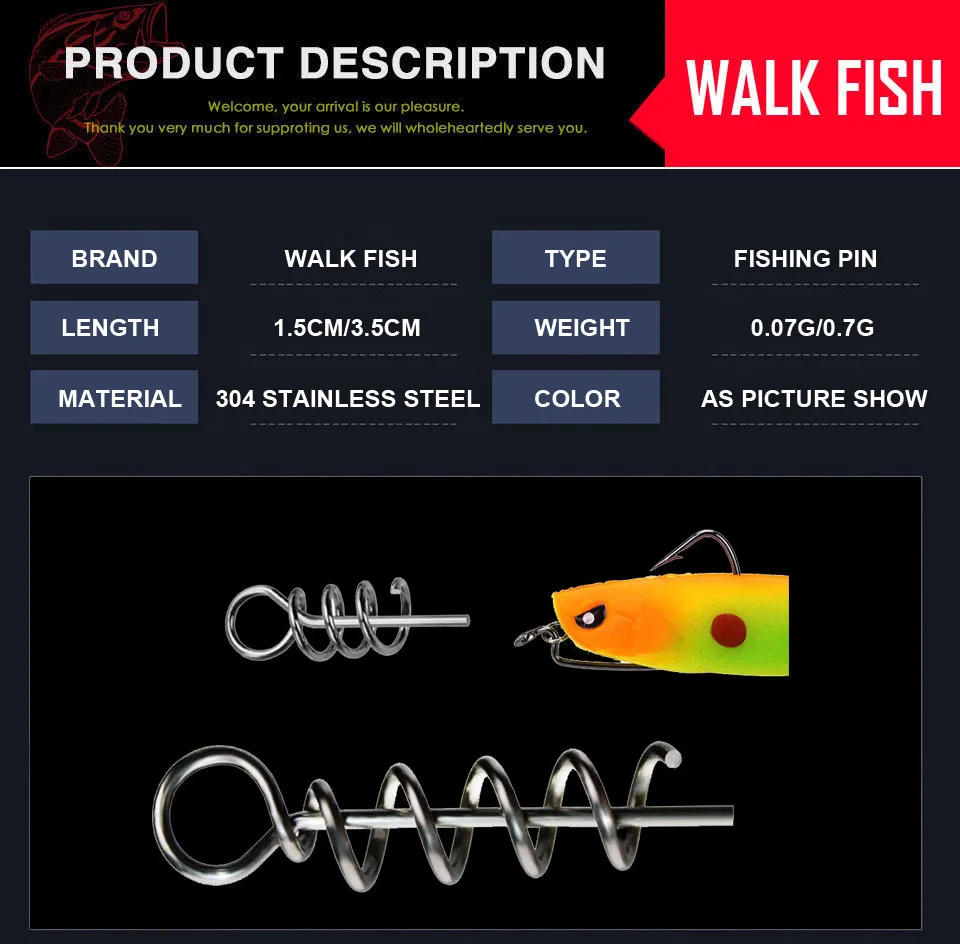 WALK FISH 1.5CM 3.5CM Fishing Hook Centering Pins Spiral Fishing bait Steel Spring Crank Lock for Soft Lure Fishing Accessories