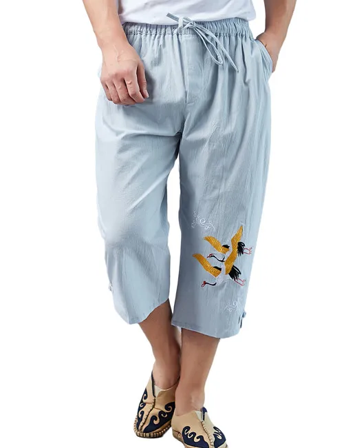Light Blue LZJN мужские летние 3/4 Брюки повседневные хлопковые льняные эластичные пояс широкие Капри короткие бермуды вышивка пляж Плайя Hombre - Цвет: Light Blue