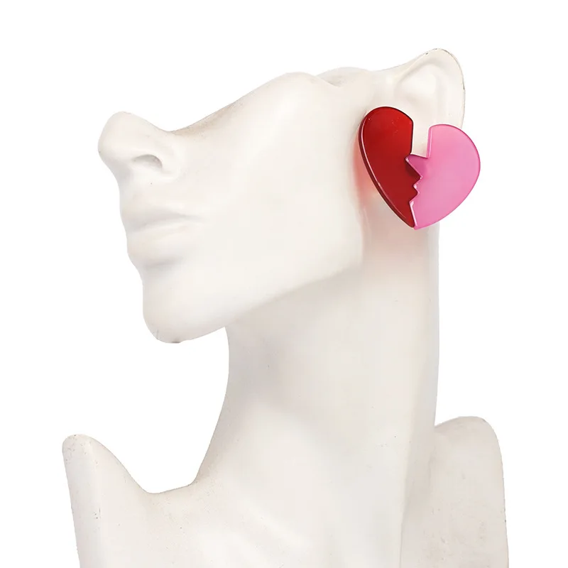 3 colors heart shape stud earrings acrylic splice hit color face statement broken fashion jewelry for women | Украшения и