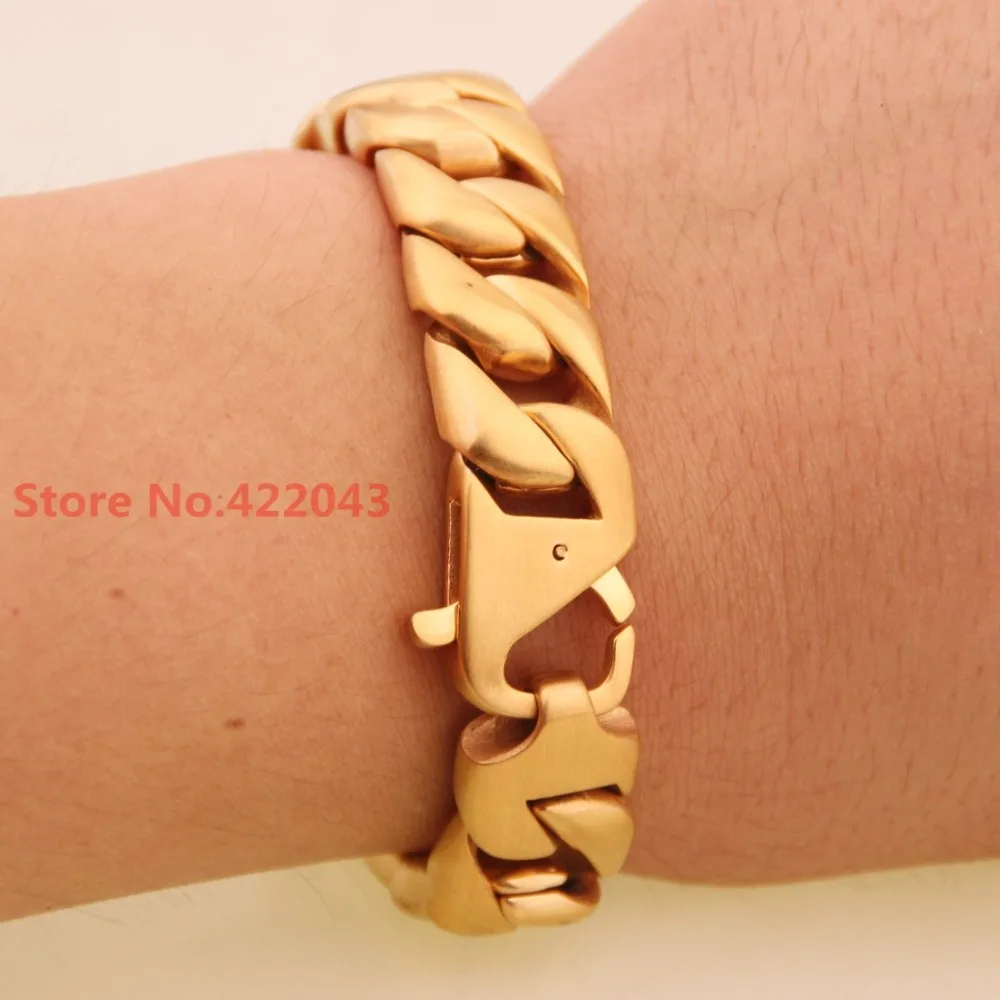 

8.26 Inch Men's Boy's Heavy Curb Cuban Brushed Gold Color Cool 316L Stainless Steel Chain Bracelet Wholesale Top Quality