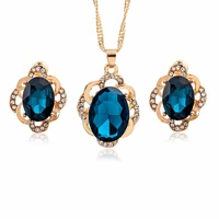 black blue sections oval rhinestone shiny crystal necklace earrings golden jewelry sets for women