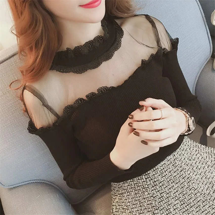 Свитер женский трикотажный сетчатый с воротником-хомутом на осень/зиму | Женская