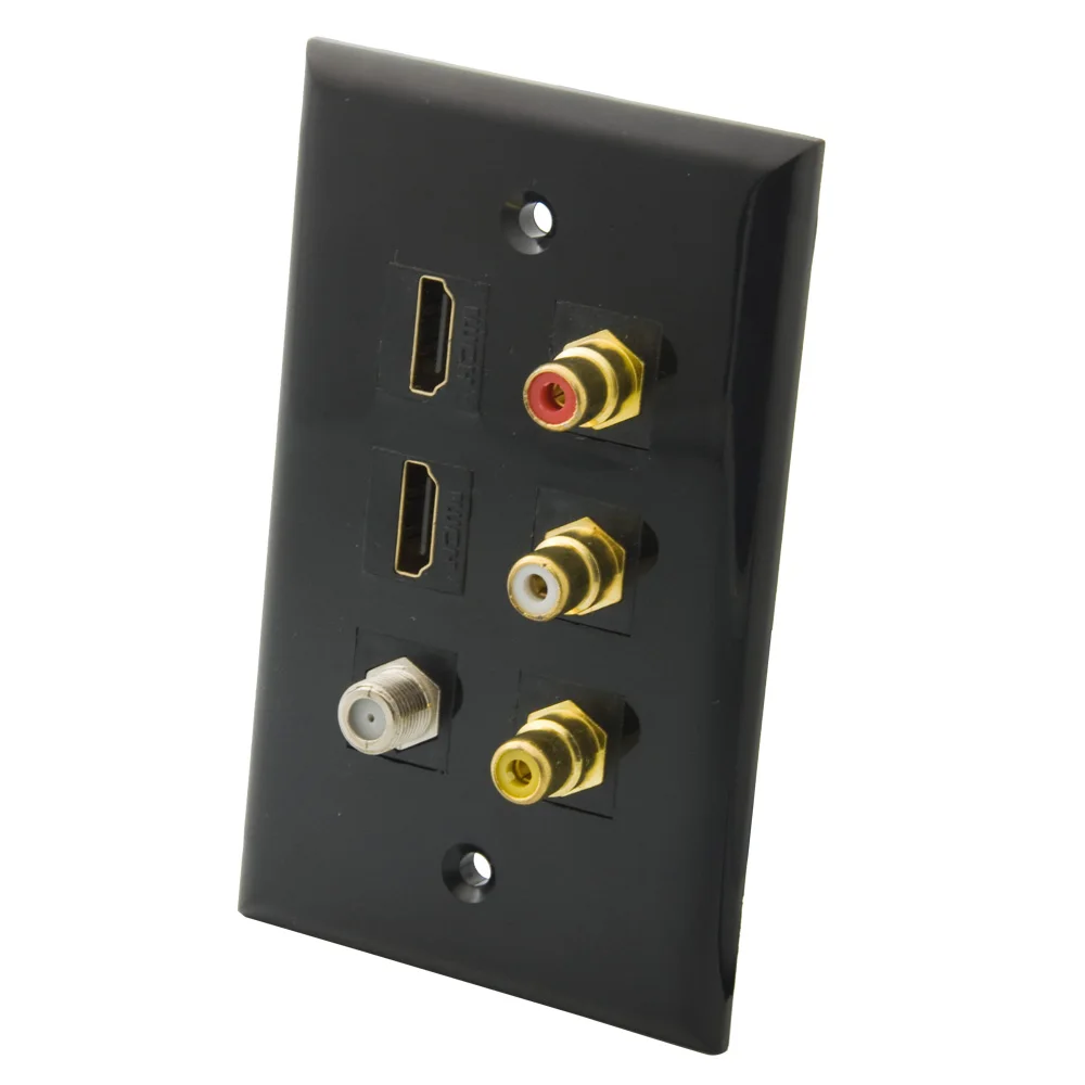 Однотонная настенная панель черного цвета с 3 портами s RCA 1 порт F RG6 TV 2 порта HDMI