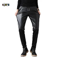 idopy pu faux leather pants men windproof elastic waist motorcycle biker business male trousers stretchy leather with drawstring
