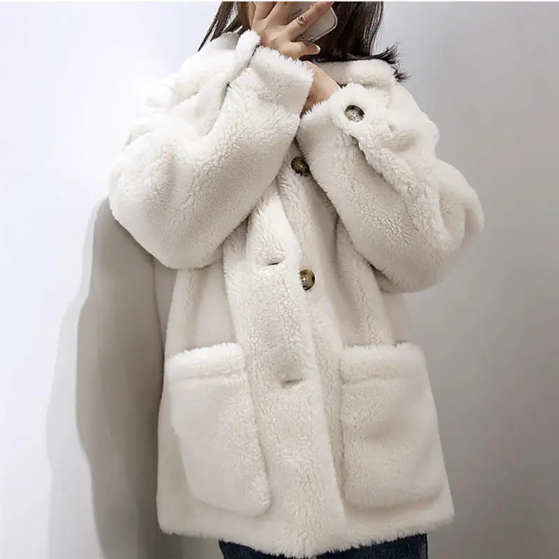 beige white Овечья шерсть зимняя куртка женские шубы из искусственного меха женские свободные утепленные парки плюшевые пальто теплая мягкая меховая куртка женская верхняя одежда C5674 - Цвет: beige white