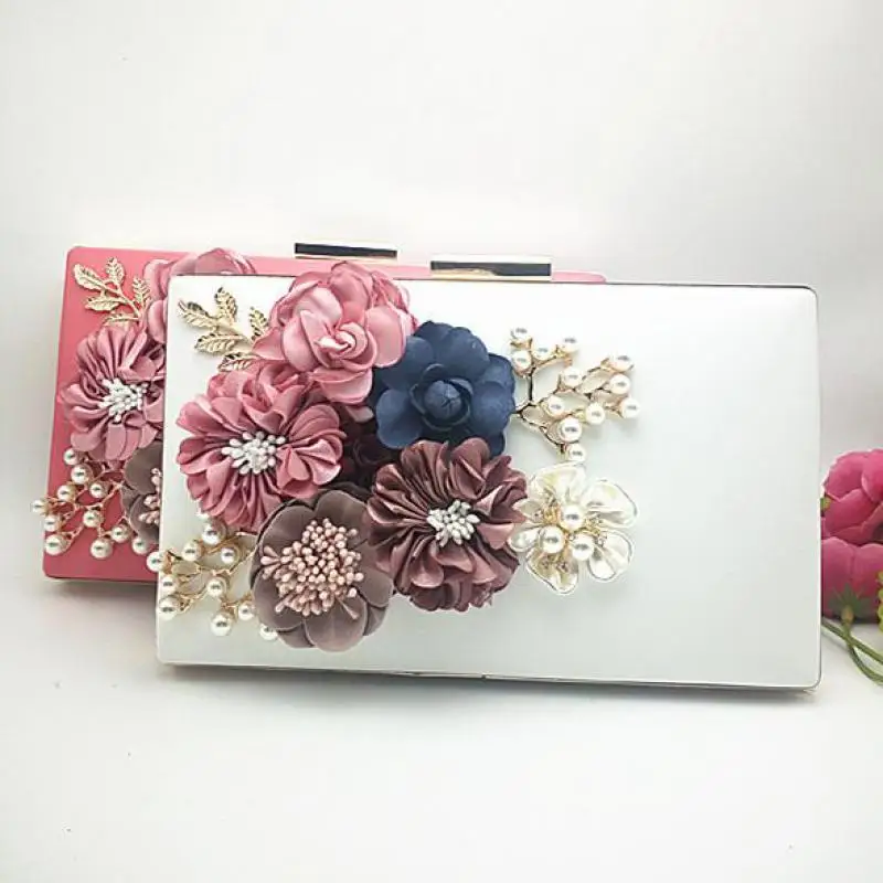 

New Fashion Women Evening Pu Bag Flower Beaded Small Clutch Evening Bag With Chain Shoulder Handbags Leather Metal Purse A733