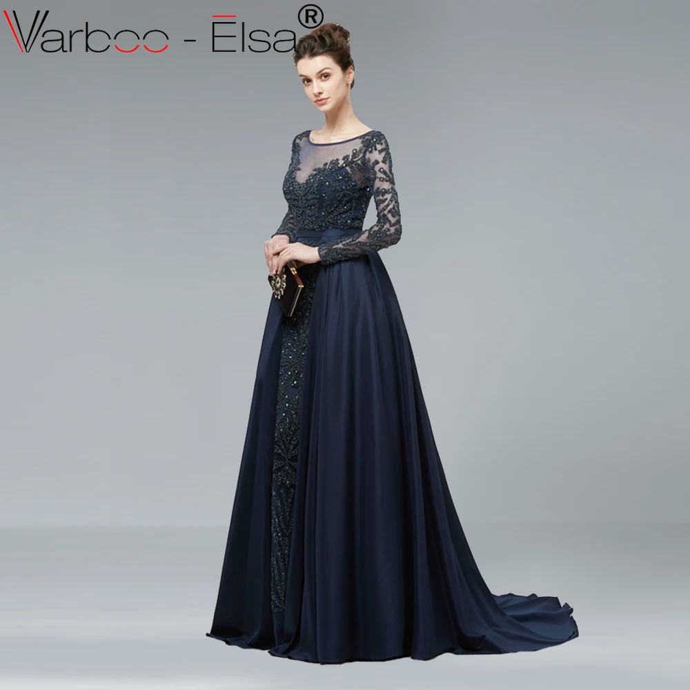 VARBOO_ELSA 2018 Новое темно-синее белое вечернее платье трапециевидной формы с длинным