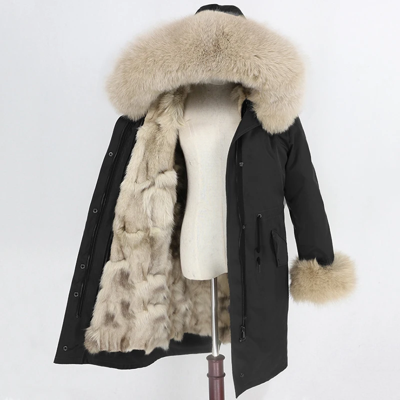 black beige Водонепроницаемая парка OFTBUY, длинная верхняя одежда, пальто с натуральным мехом, зимняя куртка для женщин, Воротник из меха енота, капюшон, подкладка из лисьего меха, теплая, съемная - Цвет: black beige