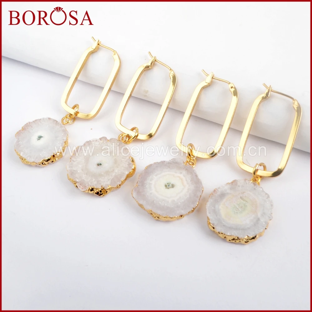 

BOROSA 5 пар белые натуральные солнечные кварцевые прямоугольные Висячие серьги для женщин подсолнух цветок очаровательные серьги Drusy Ювелирн...
