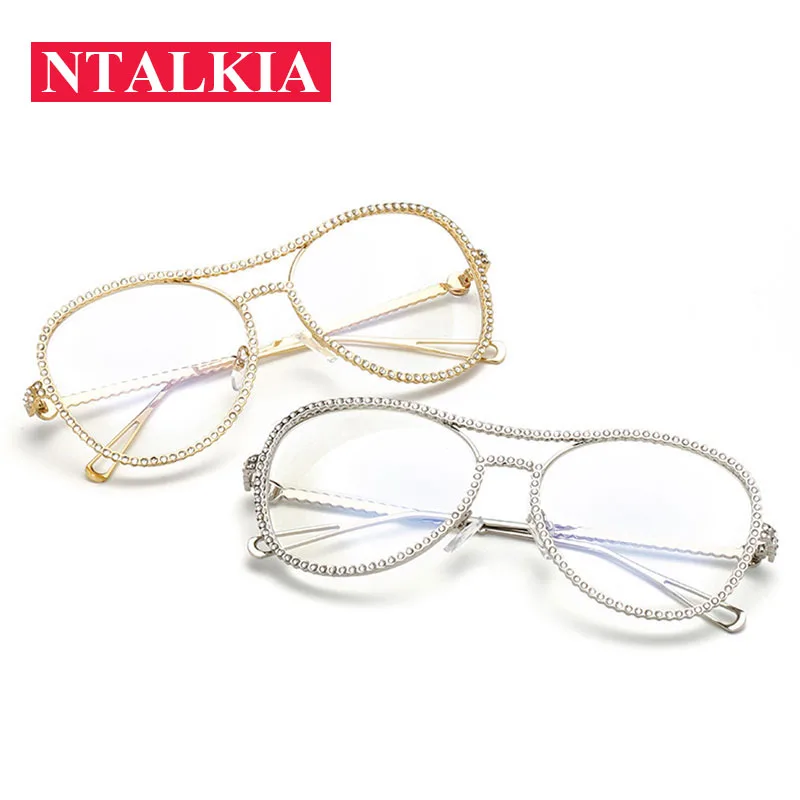 

Женские большие круглые очки Armacao Oculos, большие круглые очки с двойными лучами, стразы, металлическая оправа для очков, прозрачные линзы