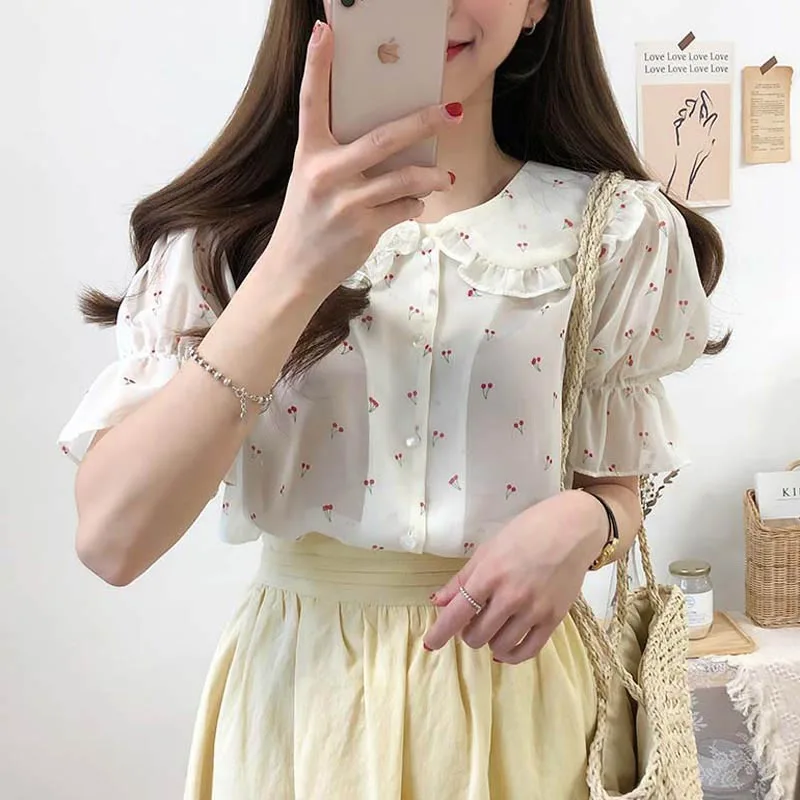 Пасторальный стиль топы с цветочным рисунком женская летняя блузка