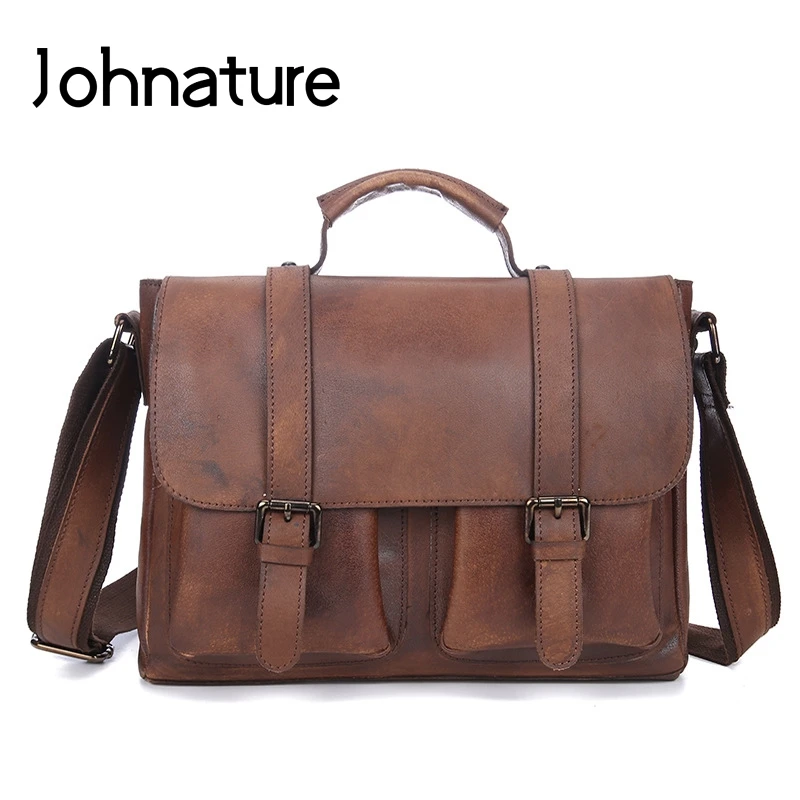 Мужская винтажная сумка из натуральной кожи Johnature мессенджер ручной работы через