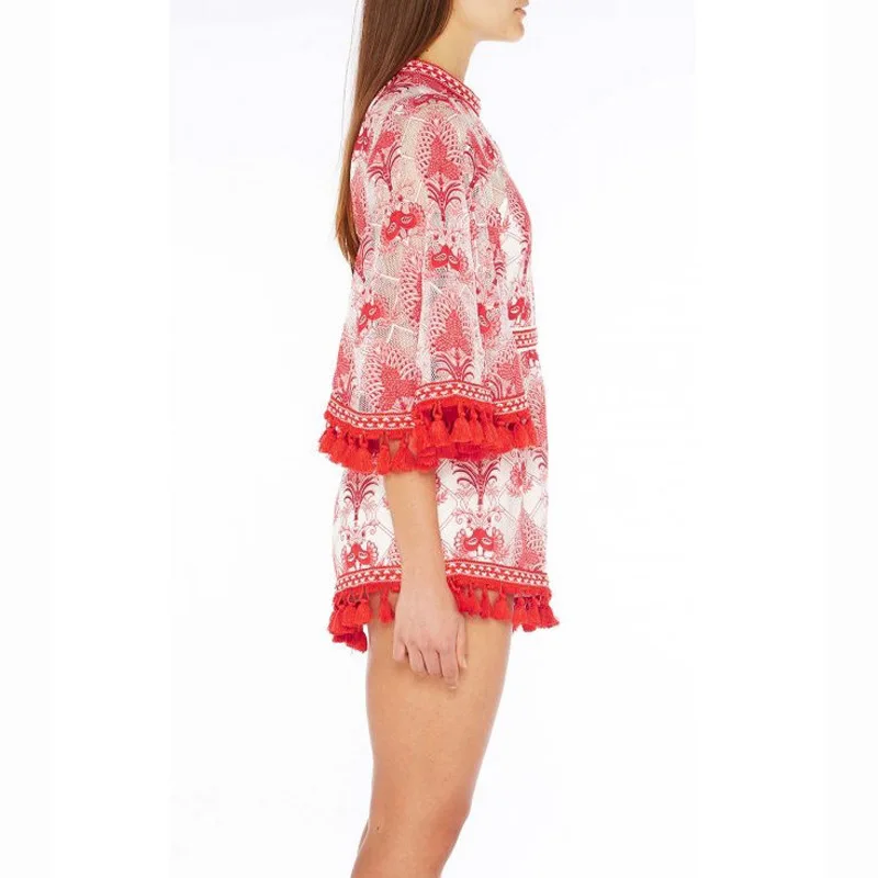 Мода 2017 г. пляжные Стиль Boho красный и белый фарфор печати кисточкой Вышивка