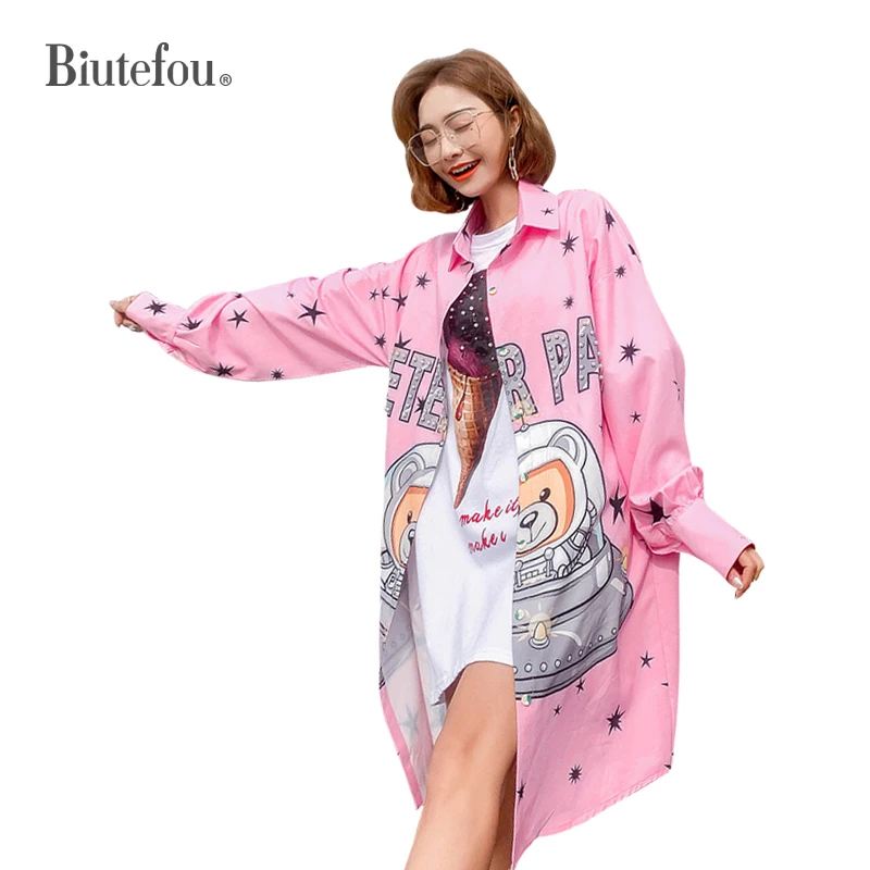 2019 весна мода мультфильм печати рубашки с бисером женщин длинным рукавом