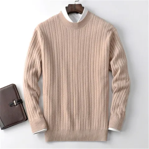 beige Кашемировый витой вязаный мужской модный невысокая горловина H-прямой пуловер свитер 4 цвета S-2XL розничная оптом - Цвет: beige