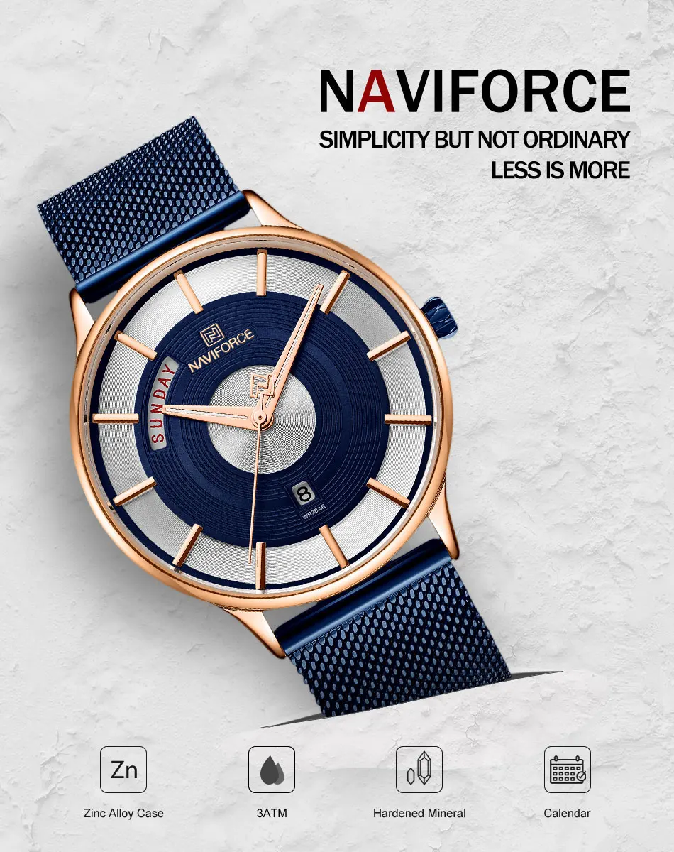 NAVIFORCE Роскошные Брендовые мужские часы ультра тонкие кварцевые часы для мужчин с синим сетчатым ремешком водонепроницаемые наручные часы с отображением даты и недели
