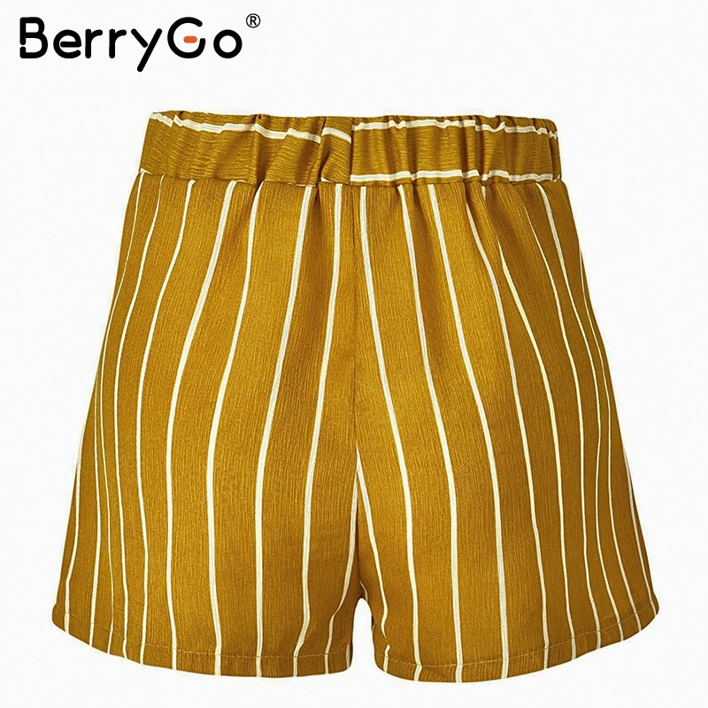 BerryGo Повседневное полосатый желтый Шорты женские летние пляжные Свободные шифон