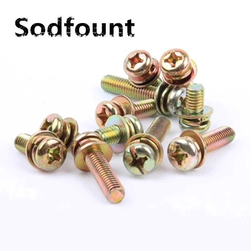 

100 шт./лот, поперечная круглая головка, три комбинированных винта M3 * 5*6-3*30*6, головка сковороды с плоской эластичной прокладкой, PM цвет, Цинков...