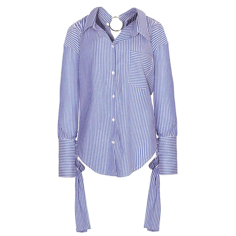 

Spring Fall Women Shirts Blouses Blusas Striped Camisa Feminina Bandage Blusa Ropa Mujer Loose Clothes With Metal Ring Vogue2017