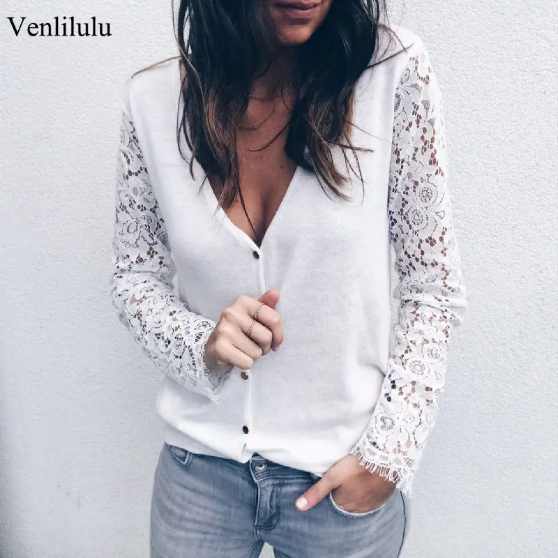 Кружевная футболка с v-образным вырезом Женская длинным рукавом осень весна