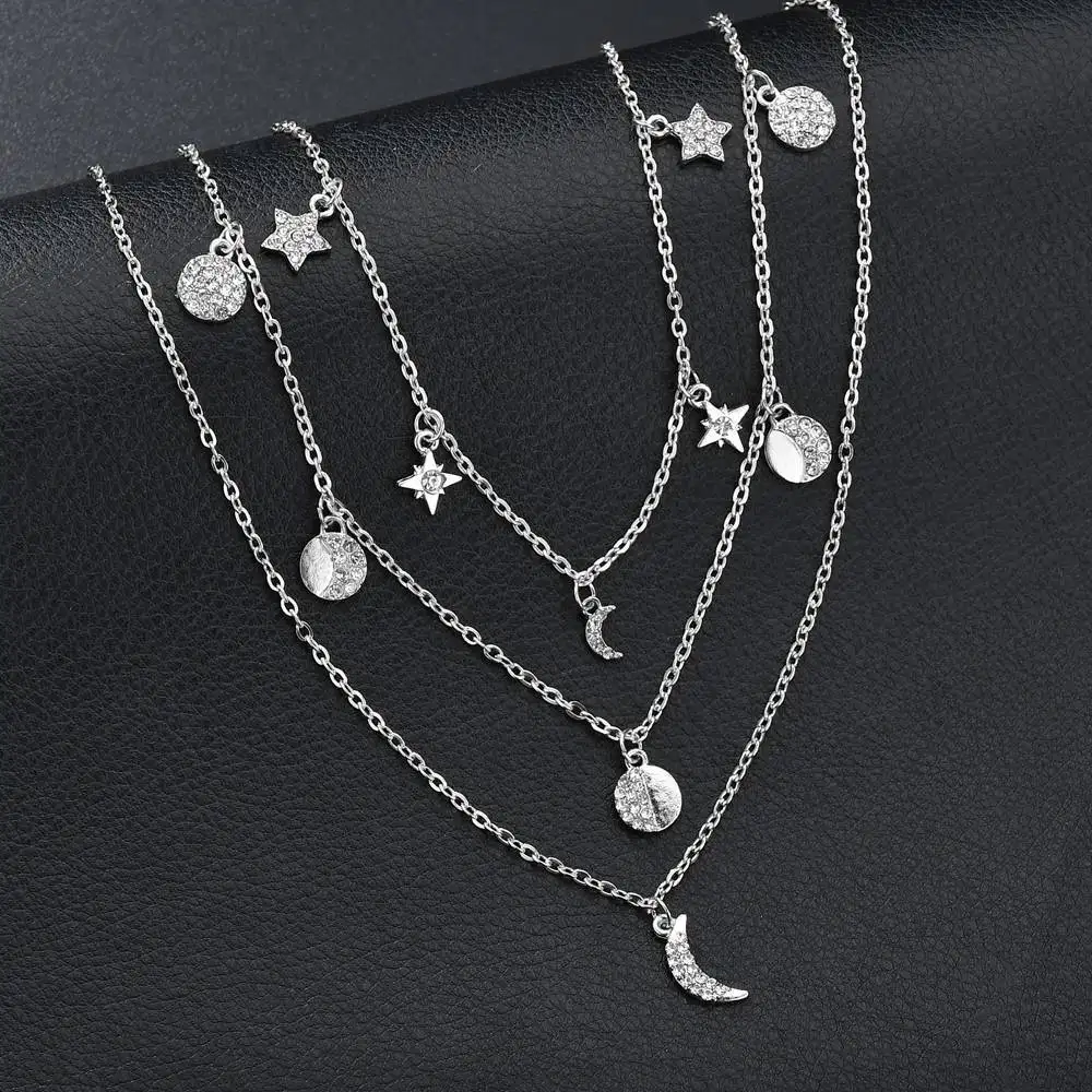 Женское колье чокер 3 слоя цепочки подвеска Звезда Луна со стразами 2019|Колье| |