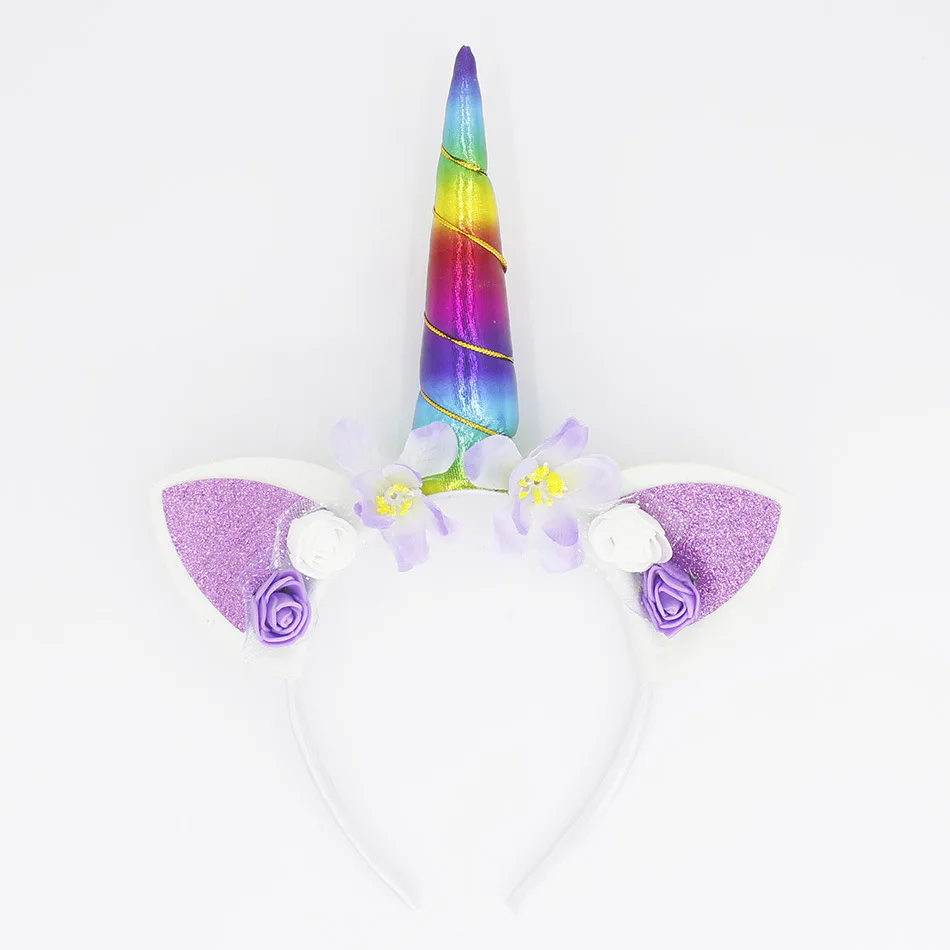 13 unicorn headband Милая повязка на голову с изображением единорога для девочек, Цветочная повязка на голову с кошачьими ушками, детский обруч для волос для вечеринки, ободки на день рождения, Золотая ободок - Цвет: 13 unicorn headband