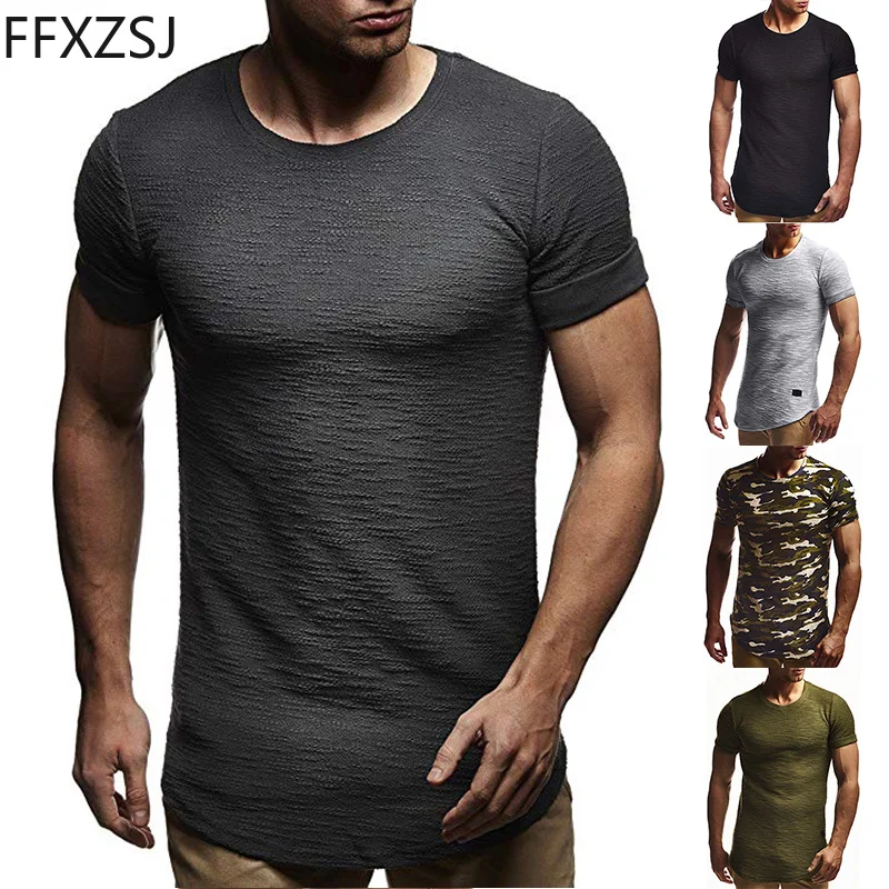 

FFXZSJ Brand 2019 summer Men's fashion T-shirt European code new round neck solid color leather short-sleeved T-shirt