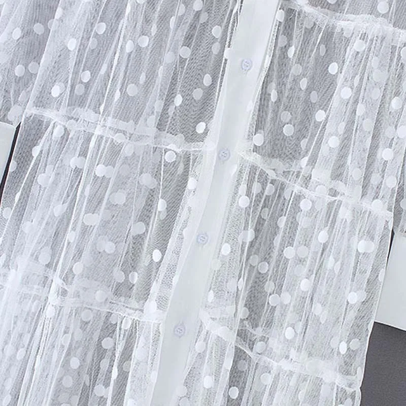 Женское Прозрачное платье рубашка средней длины в горошек лоскутное с длинным