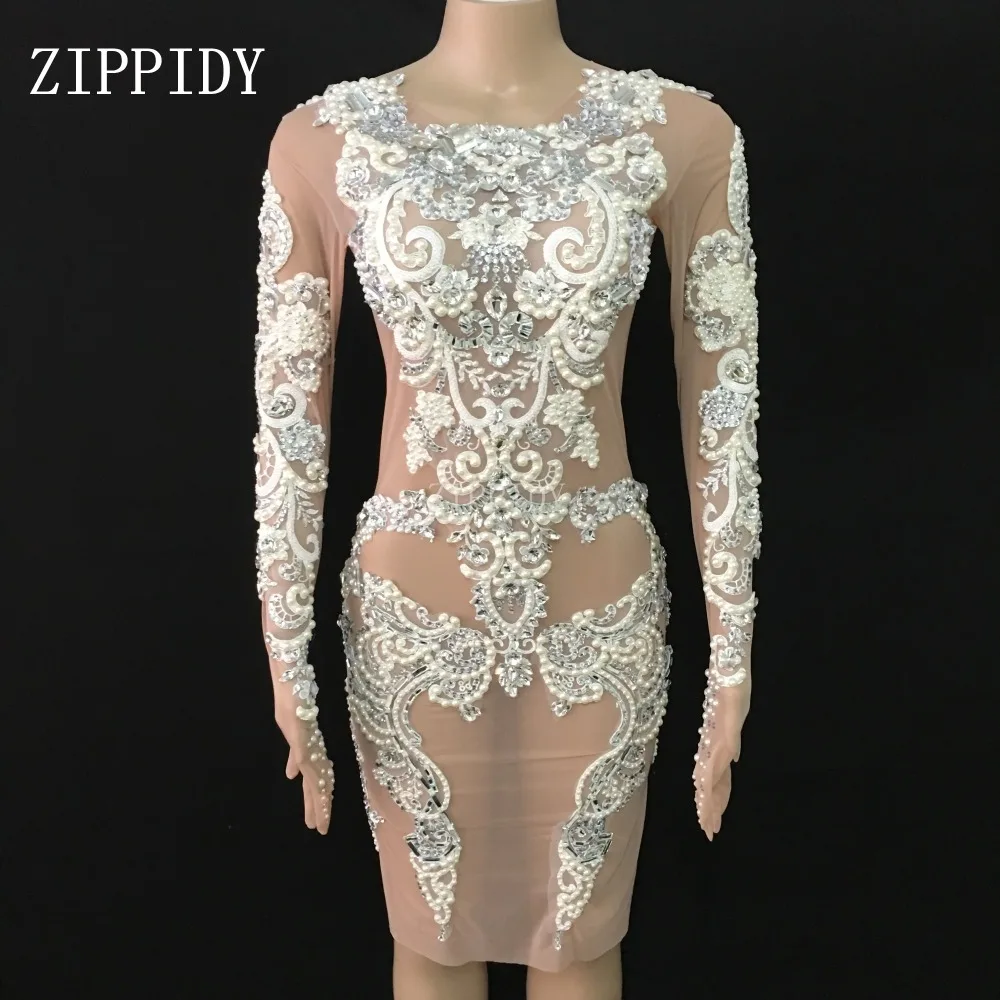 

Серебряное Сетчатое платье стразы с жемчугом женское Прозрачное платье для празднования дня рождения ночного клуба женское платье для тан...