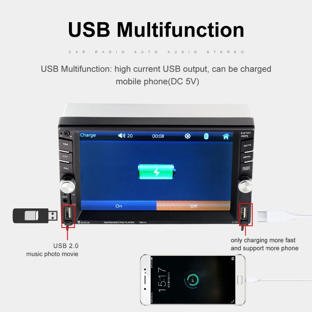 2 din 6,6 ''lcd сенсорный экран 12V Авторадио Автомагнитола bluetooth Камера заднего вида Зеркало Ссылка с рамкой стенд