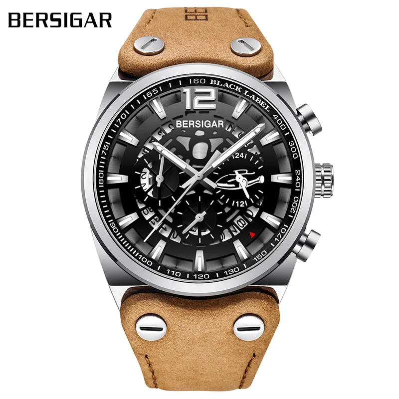 Silver frame Мужские часы BERSIGAR военные спортивные черные полые циферблат кожаный ремешок хронографы аналоговые кварцевые часы водонепроницаемые наручные часы - Цвет: Silver frame