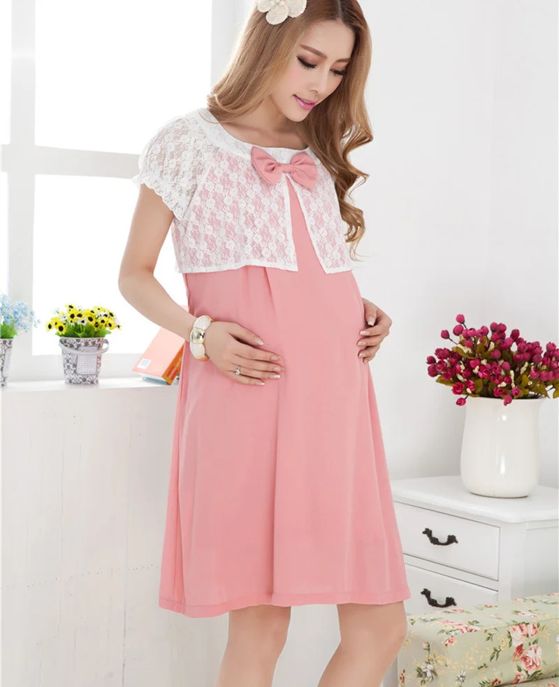 Maternity Dresses Lace Chiffon Knee Length Dress pregnancy Casual Clothes for pregnant women Summer Clothing Large size 2014 New|dress