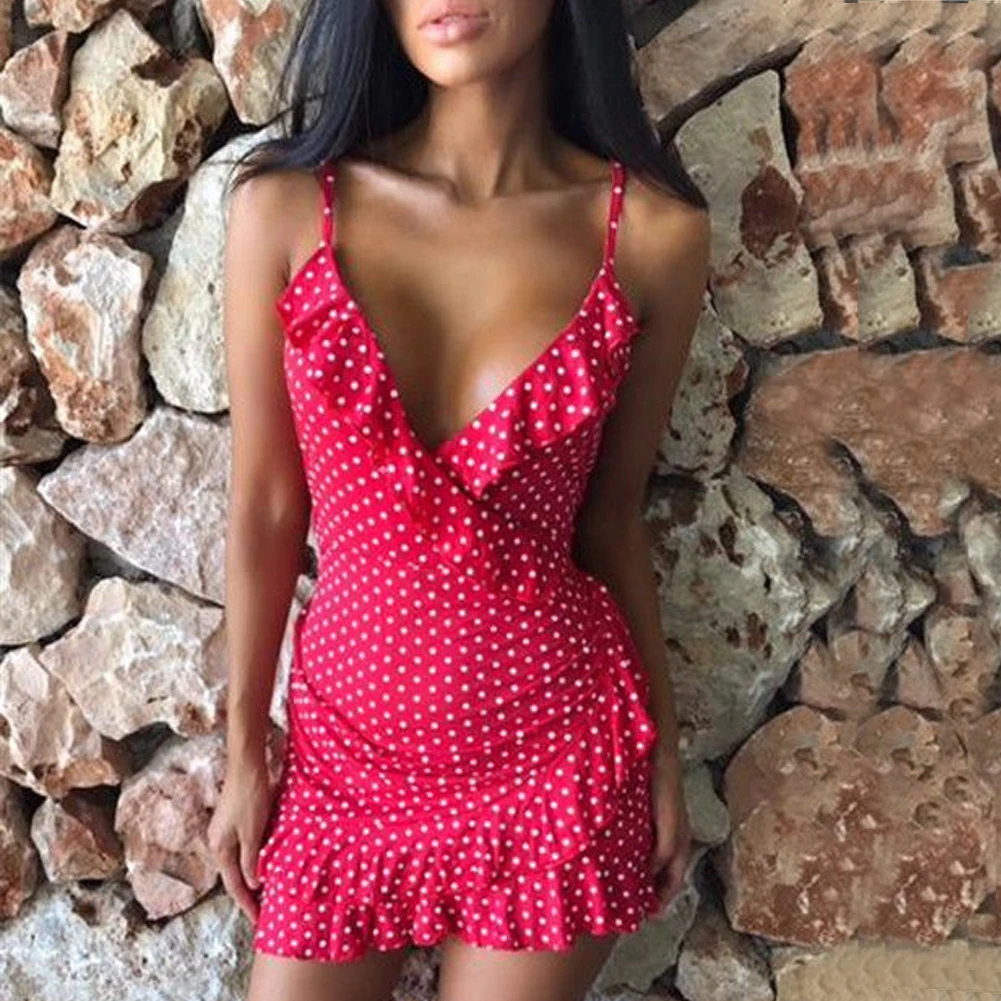 Рюшами Bodycon Лето V образным вырезом в горошек Strappy Пляжный пуловер Fabala|Женские