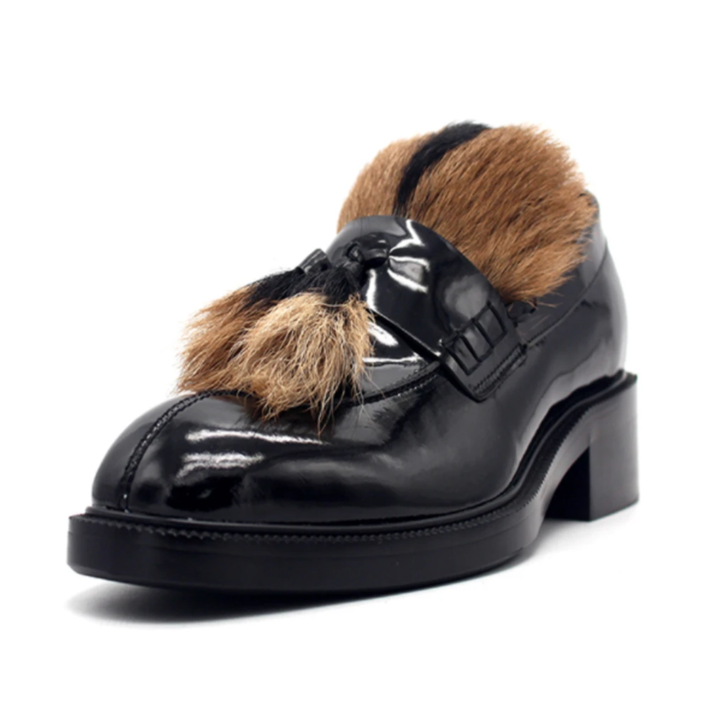 Мужские кожаные туфли черные из натуральной кожи лоферы меховое платье обувь для