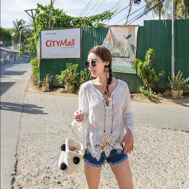 Женская винтажная кружевная рубашка с v-образным вырезом летняя Свободная блузка