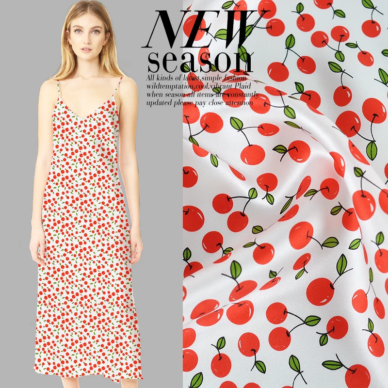 Шелковая Атласная Ткань 100% шелк с милым принтом фруктов |