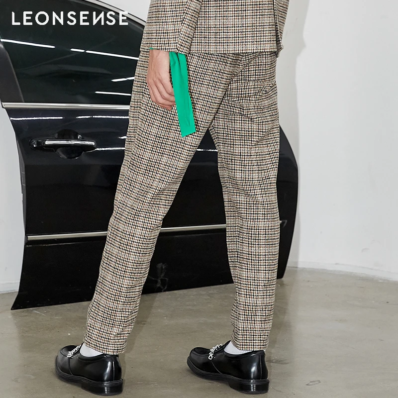LEONSENSE 2019 мужские брюки в клетку деловые повседневные приталенные Homme
