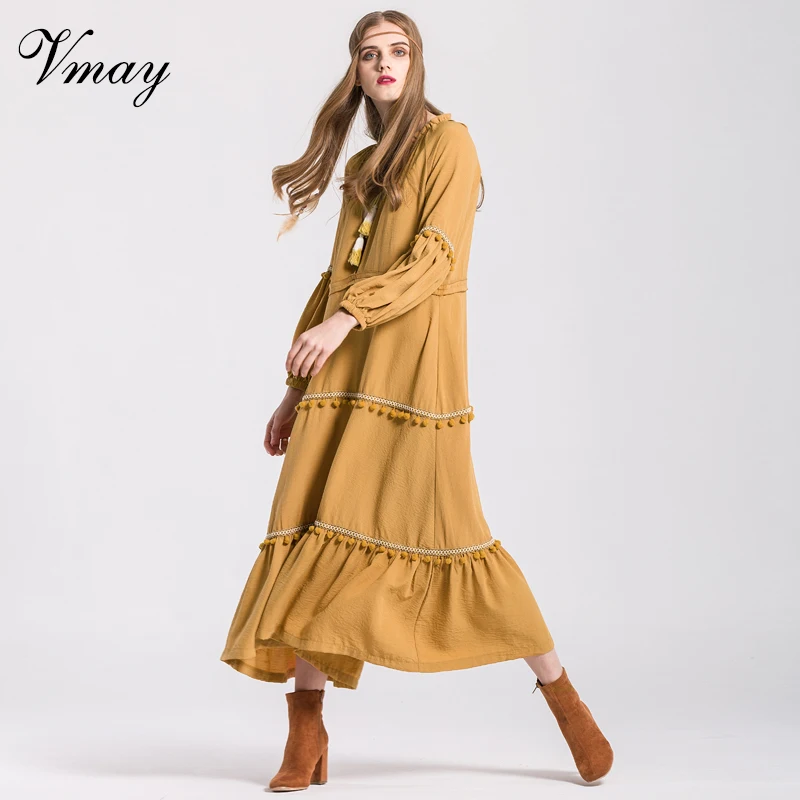 Vmay 2018 New Arrival Women Elegant Bohemian Long Dresses V-Neck Lantern Sleeve Tassel Patchwork Boho Maxi Dress V1710419 | Женская