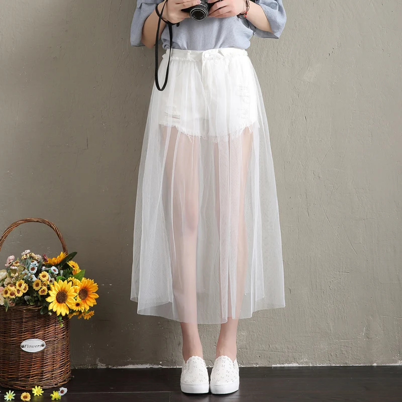 Женские юбки s летние новые модные сетчатые юбки-пачки из тюля с высокой талией Лолита Faldas поддельные джинсовые юбки из двух частей Женская юбка