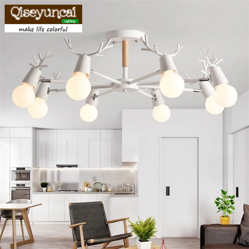 

Nordic style living room hall lamp modern minimalist solid wood bedroom ceiling lamp LED home iron antler lamps