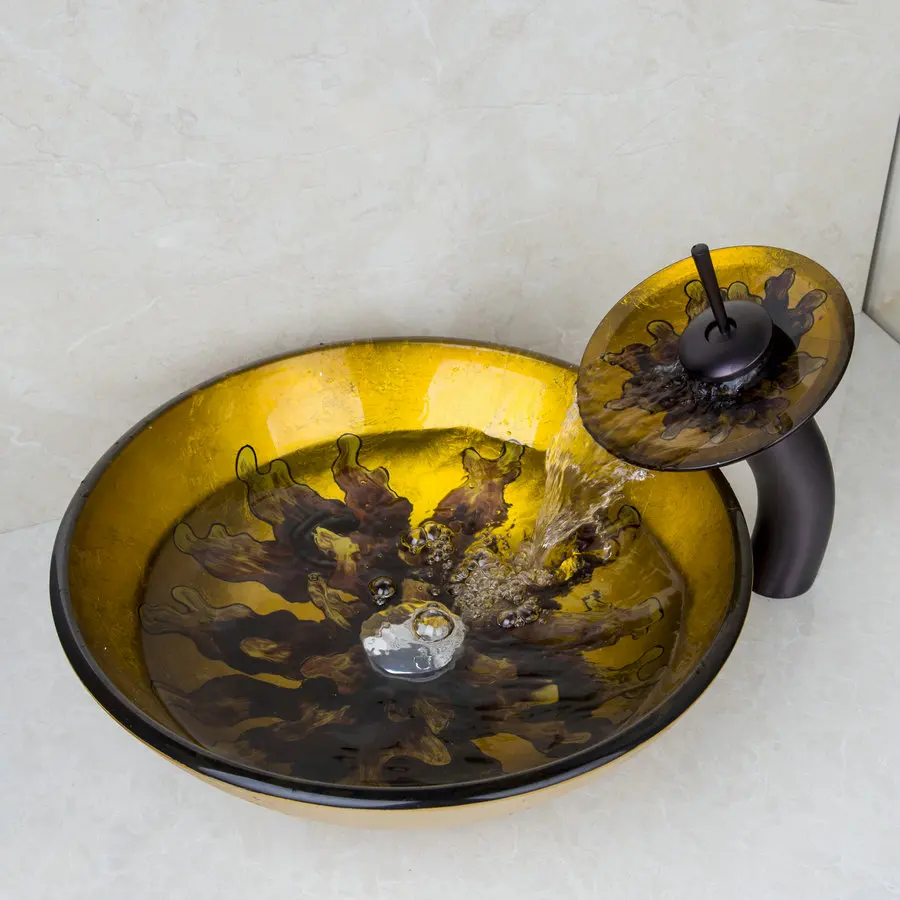 YANKSMART Yellow Algas Vessel Vanity Hand Painting Basin Sink Countertop Bowl Tempered Glass Faucet Set | Обустройство дома