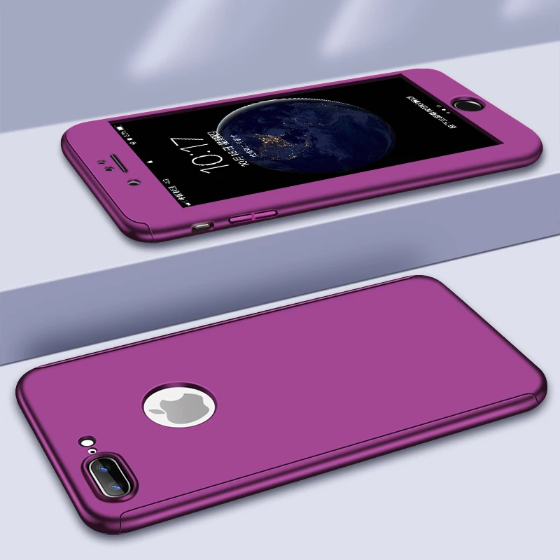 Фиолетовый Чехол на 360 градусов для iPhone 7, 8 Plus, X, XR, XS Max, с закаленным стеклом, Жесткий Чехол для iPhone 6, 6splus, X, 5, 5S, SE - Цвет: Фиолетовый