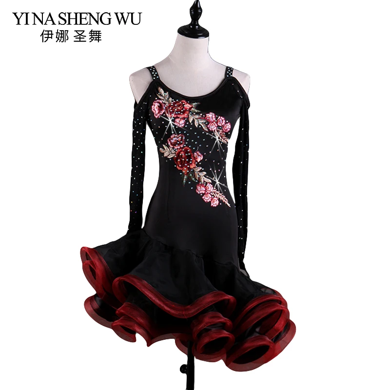 

Off-the-shoulder Long-sleeved Latin Dance Performance Clothing Adult Female New Professional High-grade Decals Latin Dance Dress
