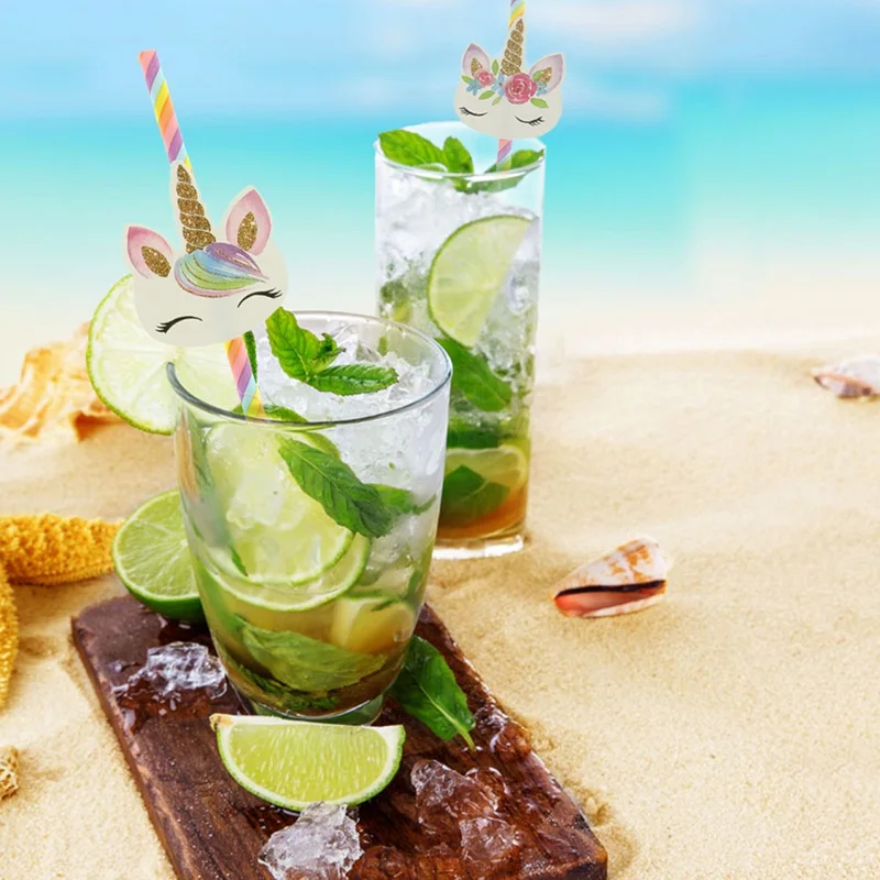 20 шт. бумажные соломинки розового и голубого цвета с единорогом для детской вечеринки, свадьбы, дня рождения, украшения, бумажные соломинки для питья