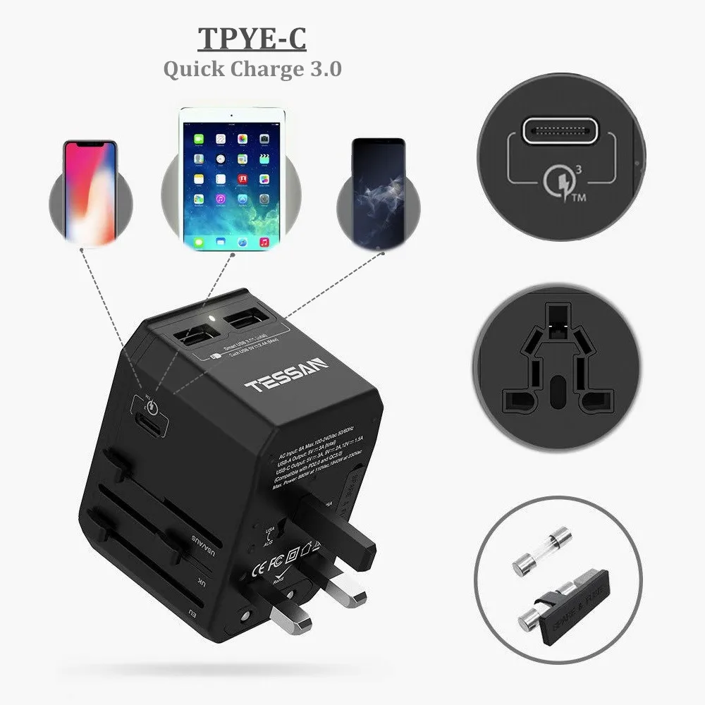 TESSAN все-в-одном Международный адаптер штепсельной вилки 3USB/2USB порты Tpye-C 3,0 порт-Универсальный адаптер переменного тока для США/ЕС/Австралии/Великобритании