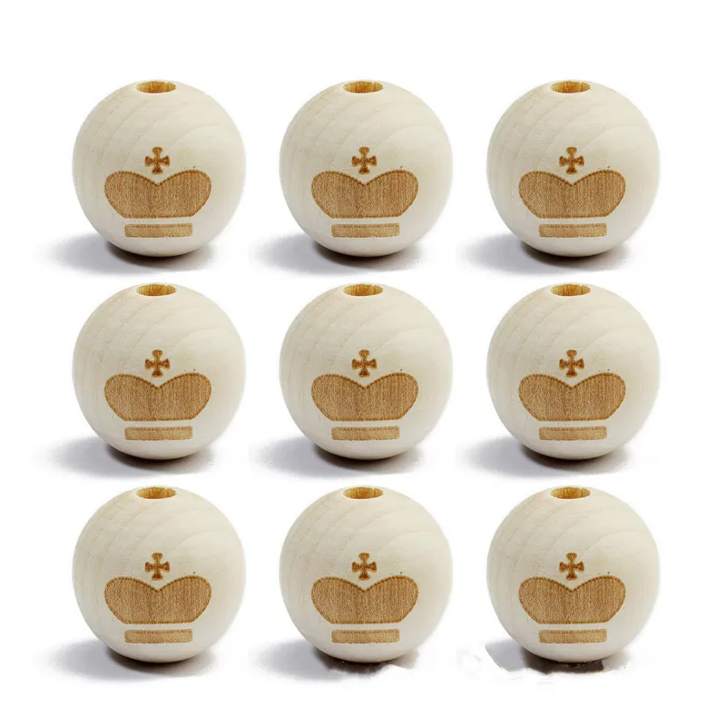 

20 Pcs/lot 20mm Round Wooden Beads Smile Star Heart Crown Embossing Wood Loose Beads for Jewelry Making Finding DIY Bead