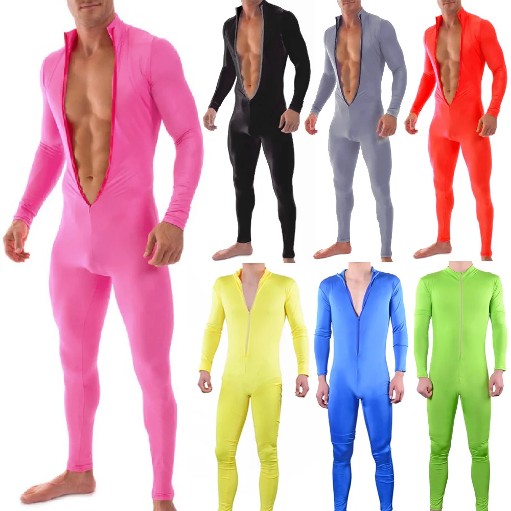 

Sexy Men Costume Unicolor Spandex Catsuit Unitard Stretch Tight Bodysuit Sportswear Gay Men Costumes Zipper One Piece Plus Size