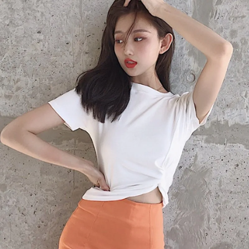 Модная женская футболка 6 цветов летняя Корейская с круглым вырезом повседневные