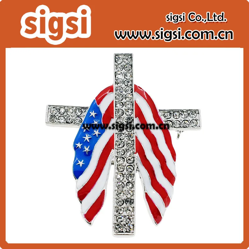 wholesale 100pcs 45mm American Flag Cross Crystal Pin Brooch Brooch for July 4th